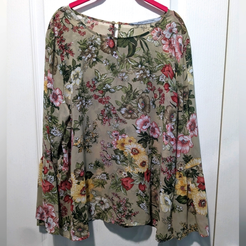 Adrianna  XL Floral Sheer Blouse - Bell Sleeves